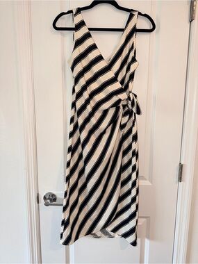 H&M Black and Cream Striped Wrap Midi Dress